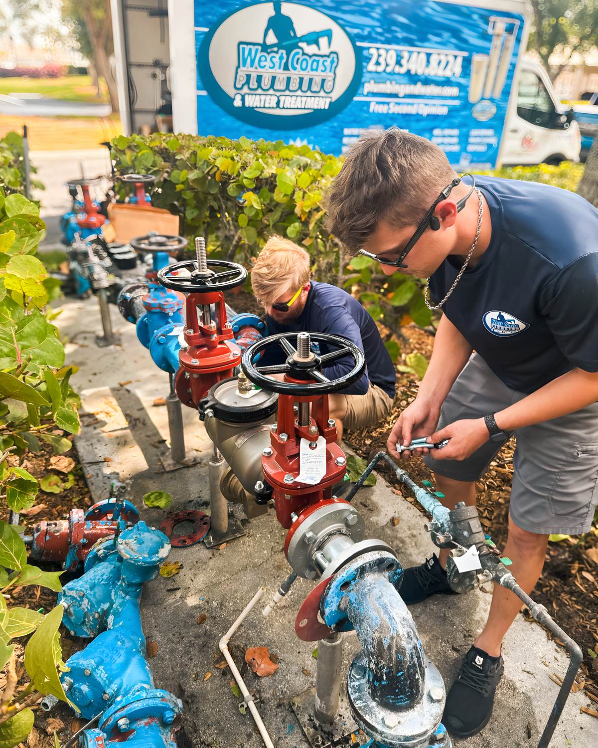 Technicians servicing a backflow prevention assembly