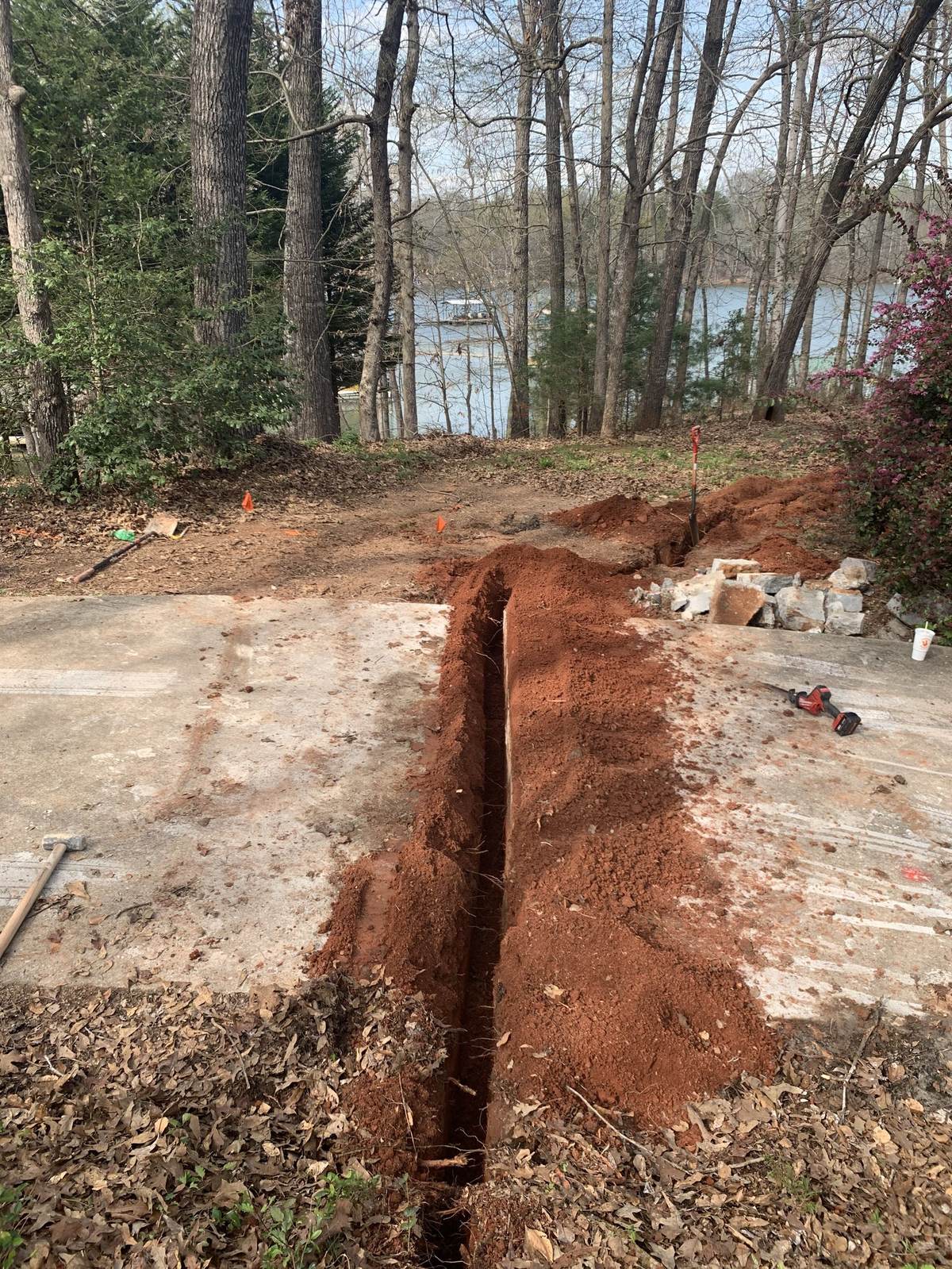 Water line trench at a lakeside property in the Upstate