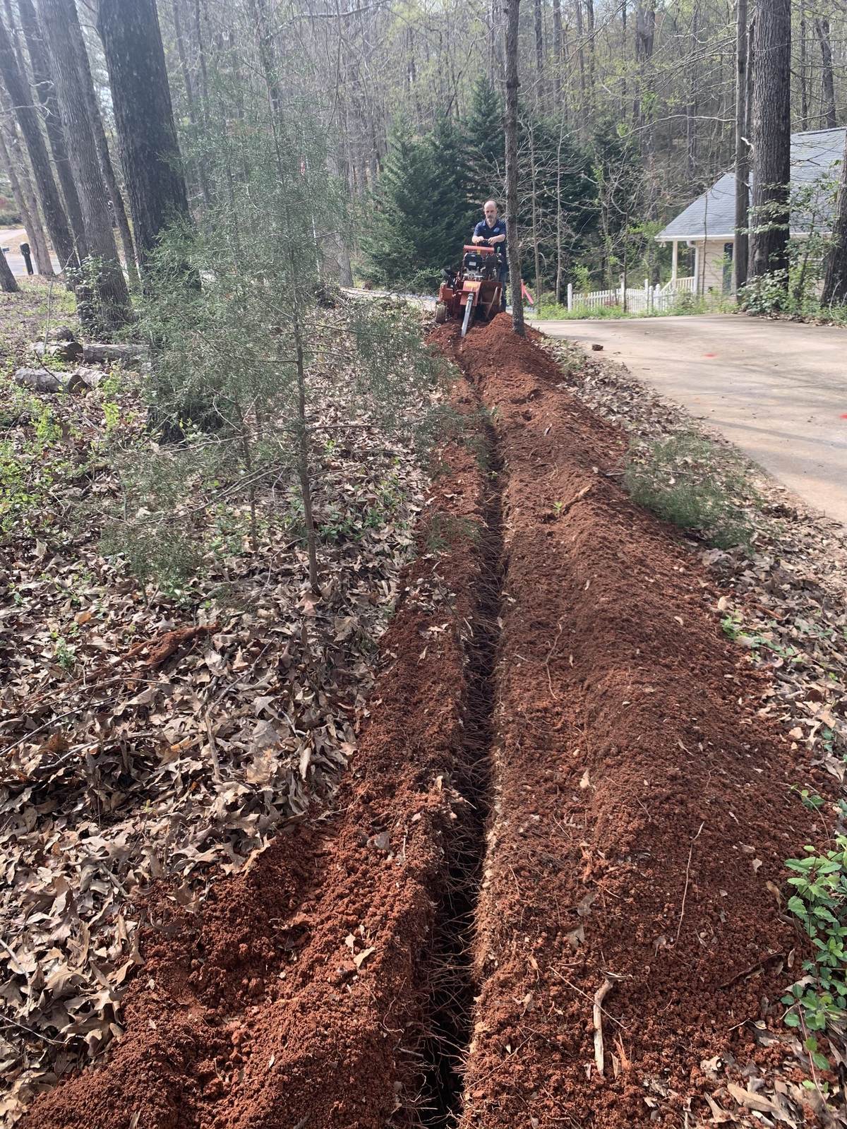 Water line trench running through a wooded Upstate lot